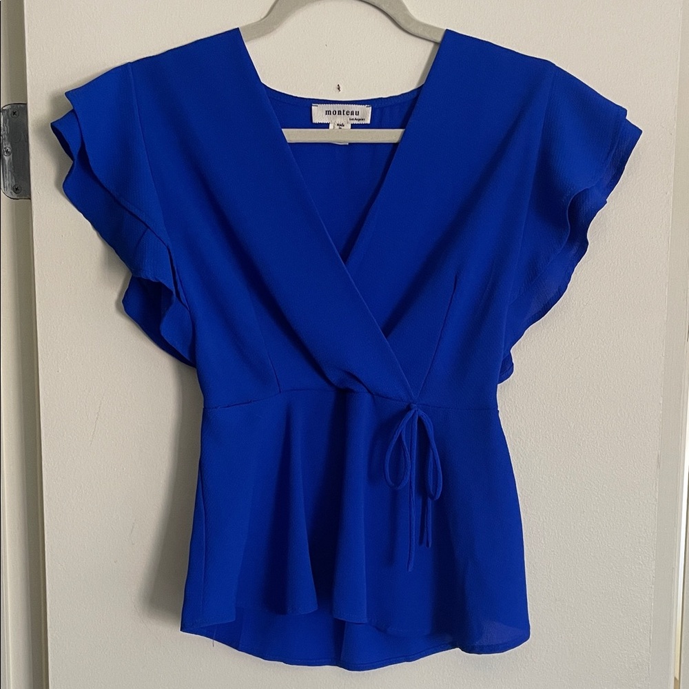Monteau Royal Blue Flutter Sleeve Wrap Blouse